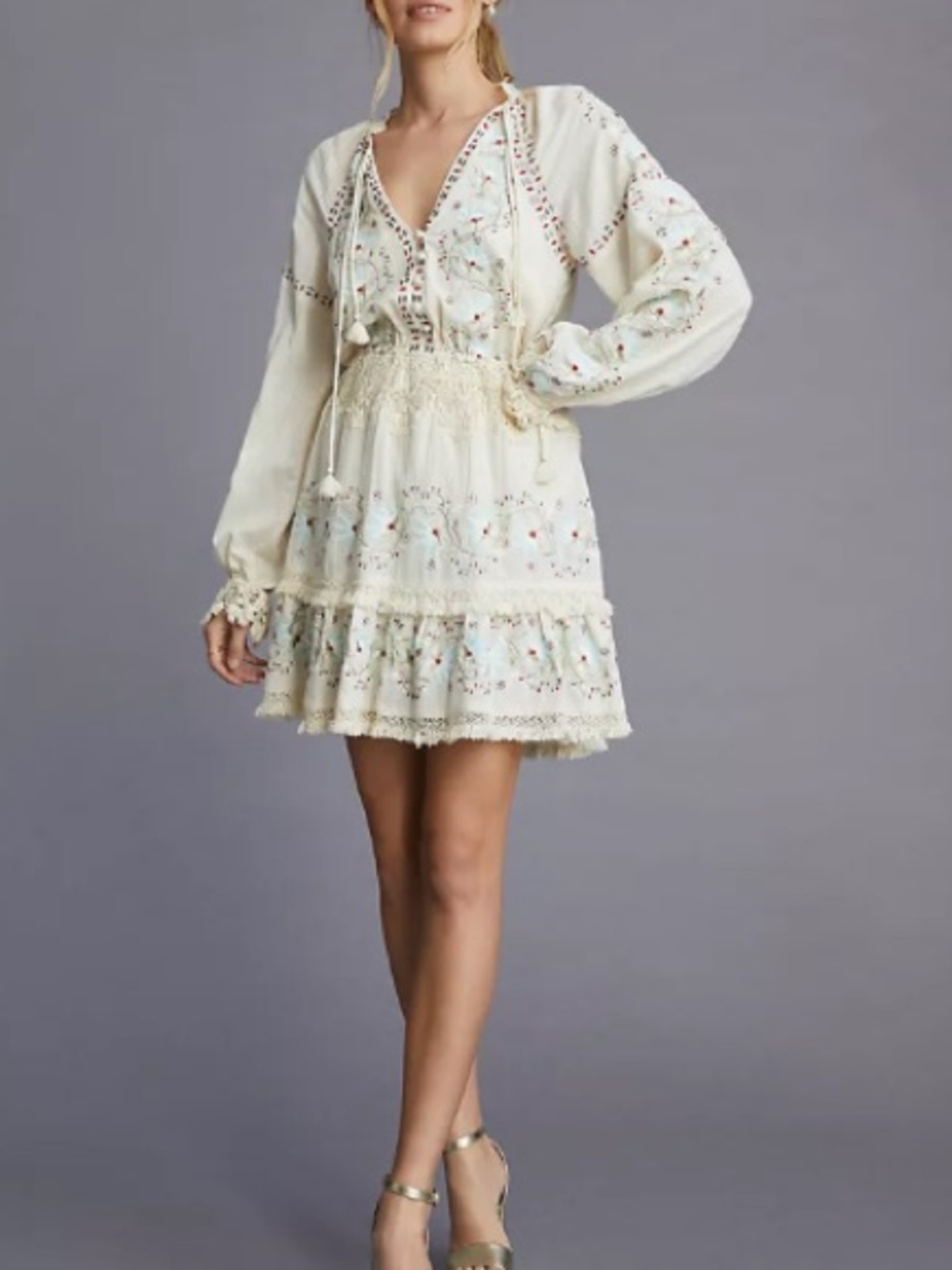 Anthropologie Cream Floral-Embroidered Tiered lace tunic mini Dress size small